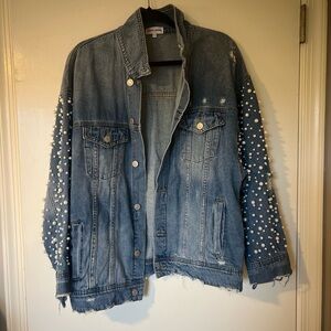 Sunset + Spring (Bloomingdales) Oversized Jean Jacket with Pearls on Sleeves.